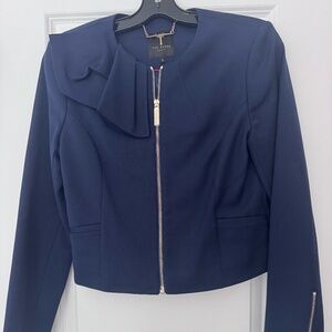 Ted Baker Navy Cropped Jacket Zip Front Ruffle Detail Size 2 (US 6)